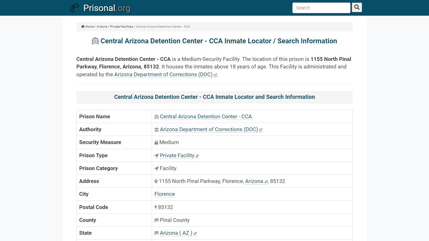 Central Arizona Detention Center - CCA-Inmate Locator ...